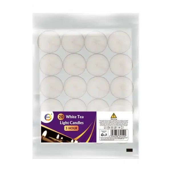 20 white tea light candles packaged in a clear plastic container with a label indicating the product is for 3 hour burn time.