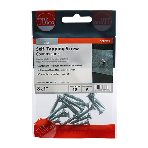 S/Tapping Screw PZ2 CSK - BZP - 8 x 1 | TIMpac of 18