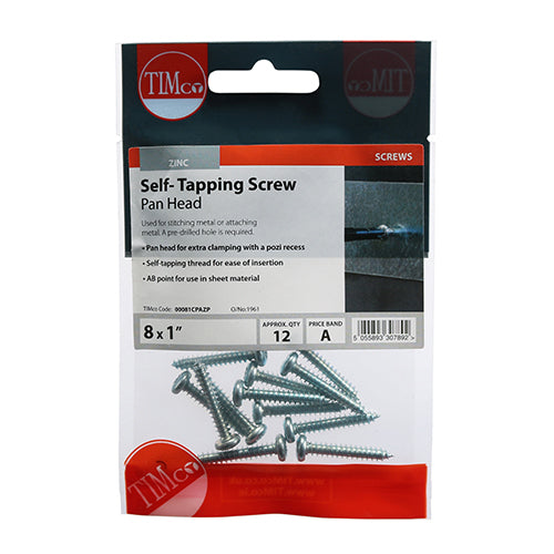 S/Tapping Screw PZ2 PAN - BZP - 8 x 1 | TIMpac of 12