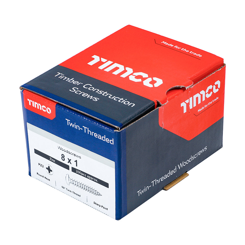 Twin Woodscrew PZ2 RND Zinc - 8 x 1 | Box of 200