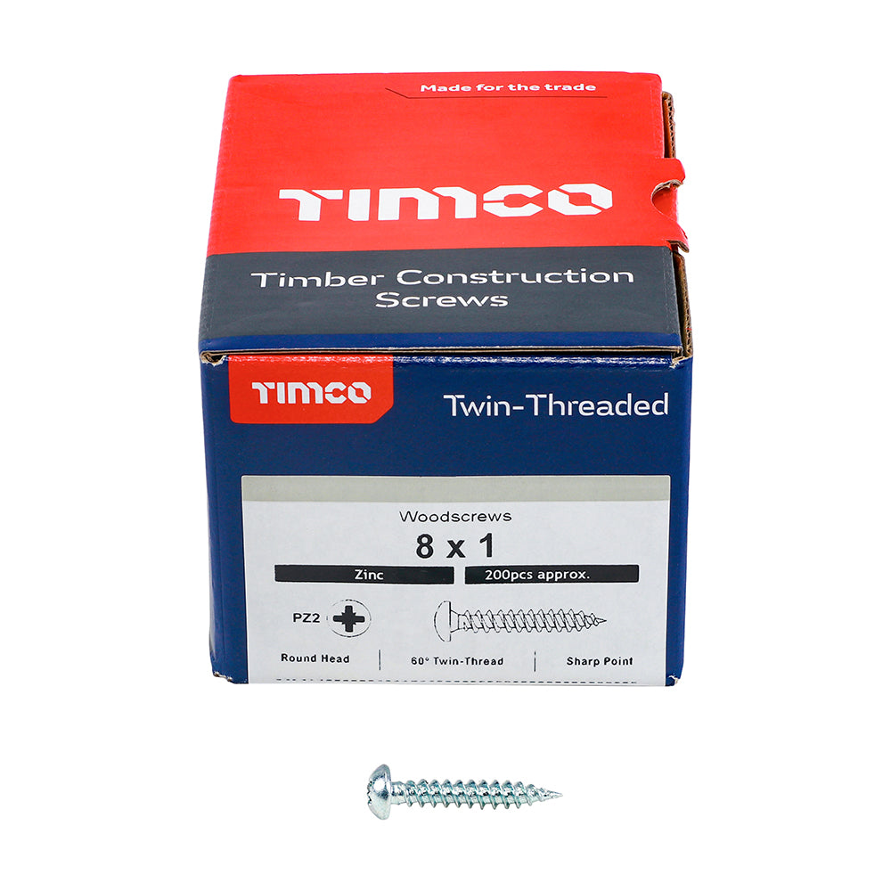 Twin Woodscrew PZ2 RND Zinc - 8 x 1 | Box of 200
