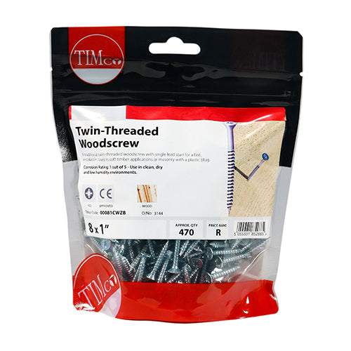 Twin Woodscrew PZ2 CSK - BZP - 8 x 1 | TIMpac of 30