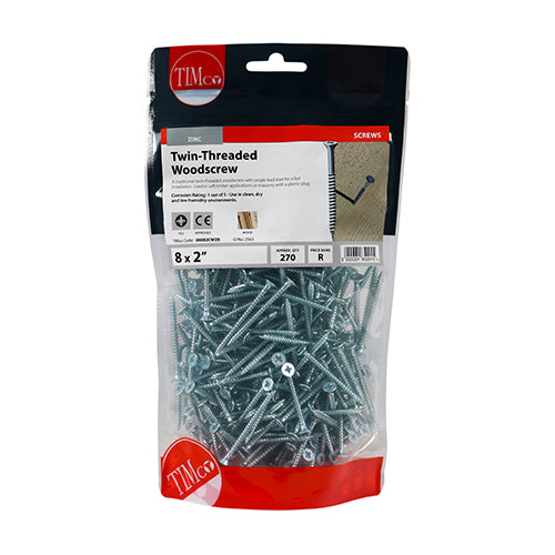 Twin Woodscrew PZ2 CSK - BZP - 8 x 2 | TIMpac of 16