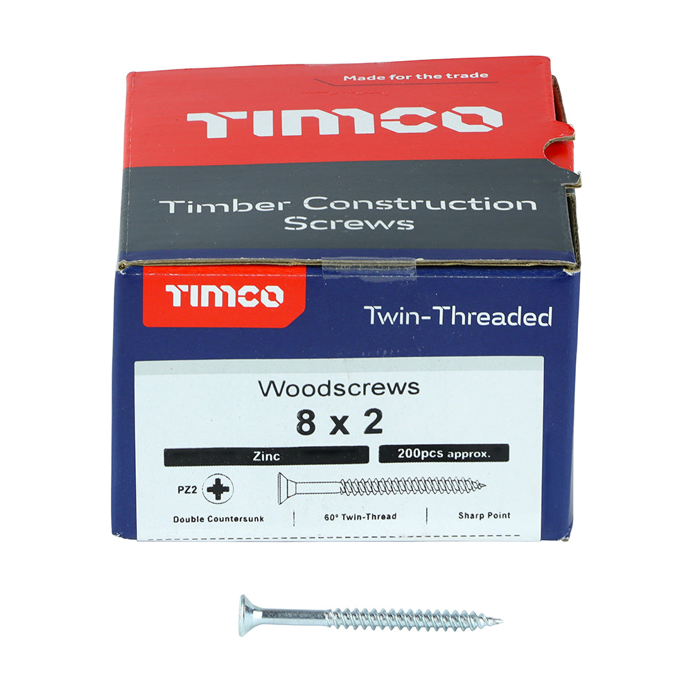 Twin Woodscrew PZ2 CSK Zinc - 8 x 2 | Box of 200