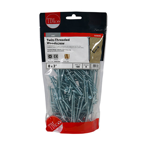 Twin Woodscrew PZ2 CSK - BZP - 8 x 3 | TIMpac of 10