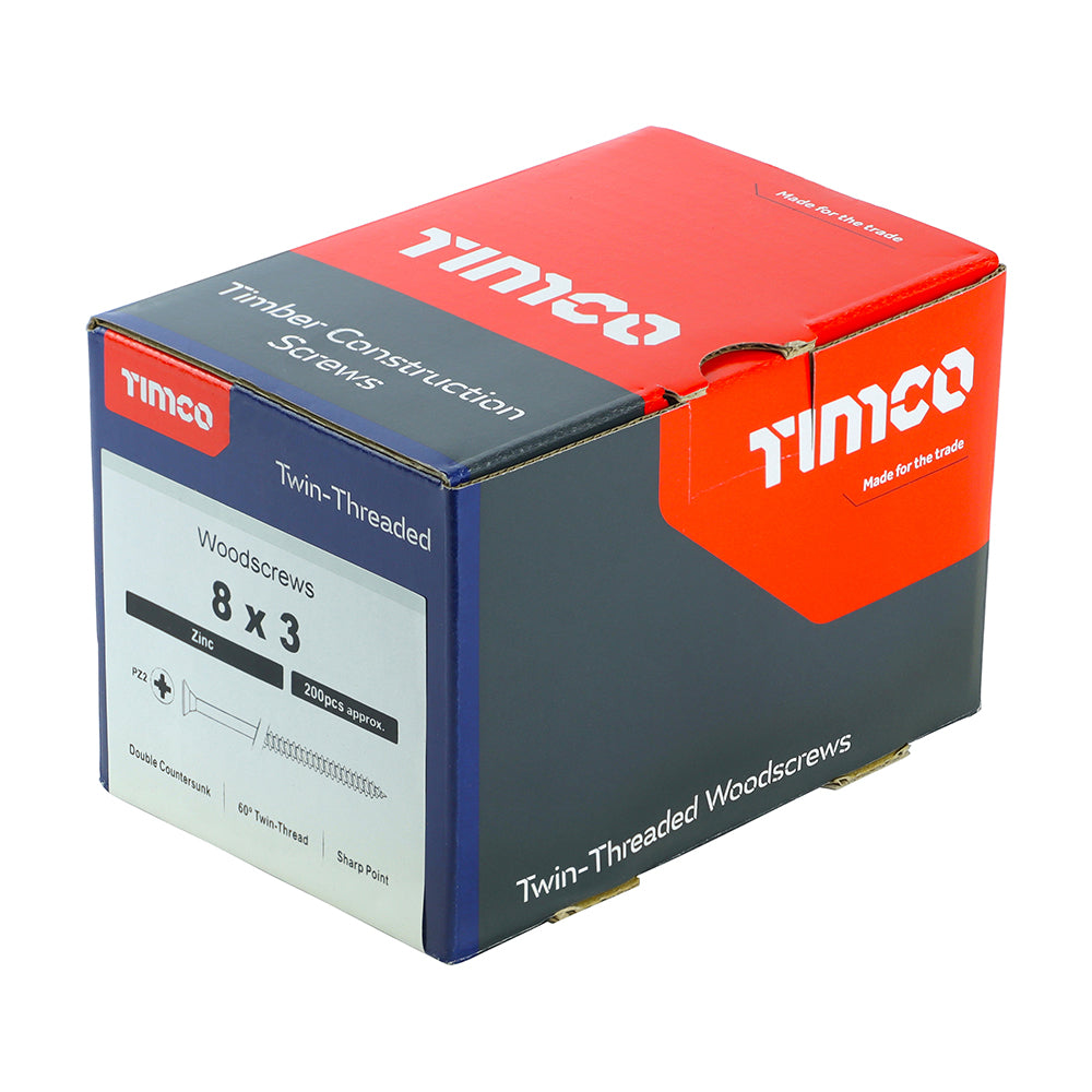 Twin Woodscrew PZ2 CSK Zinc - 8 x 3 | Box of 100