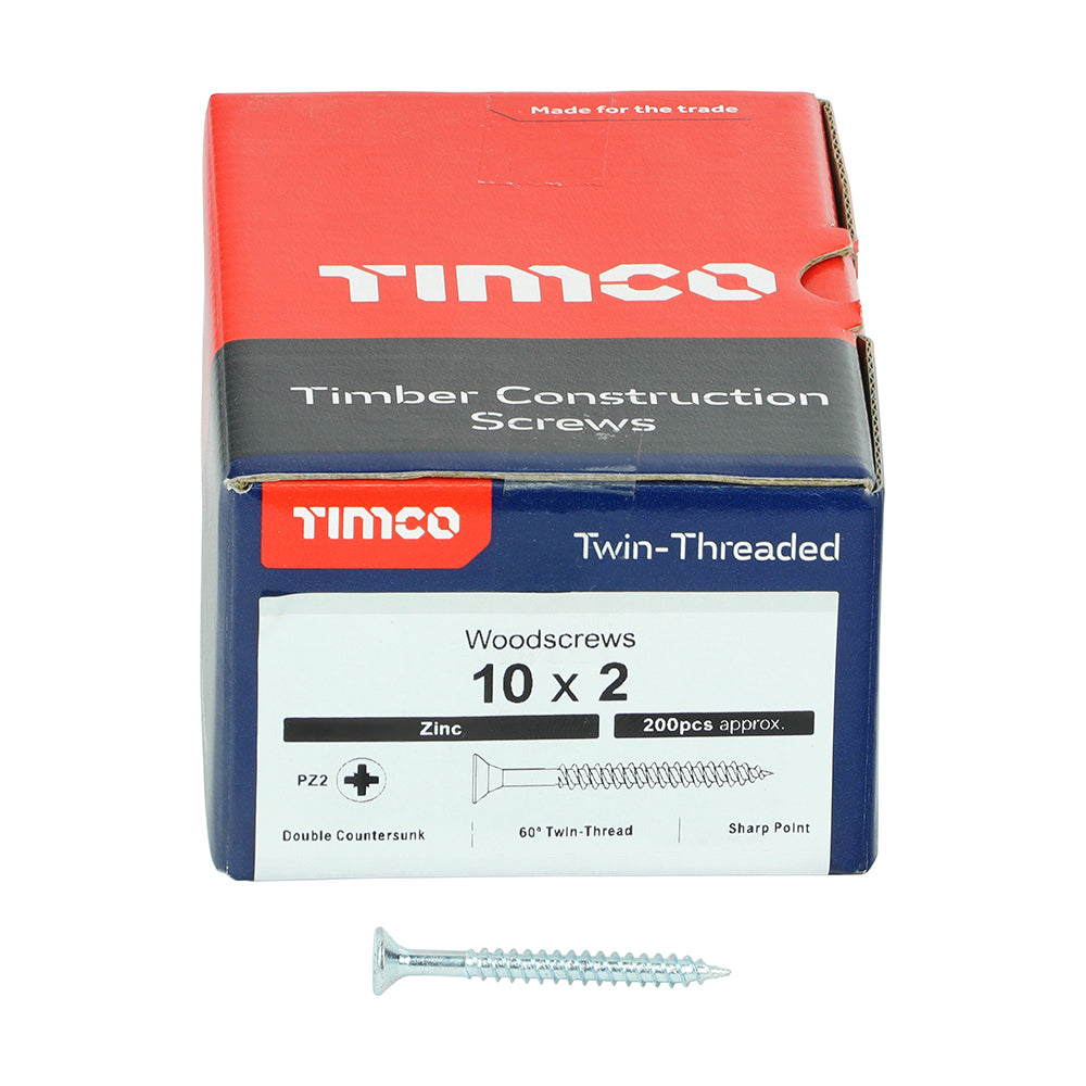 Twin Woodscrew PZ2 CSK Zinc - 10 x 2 | Box of 200