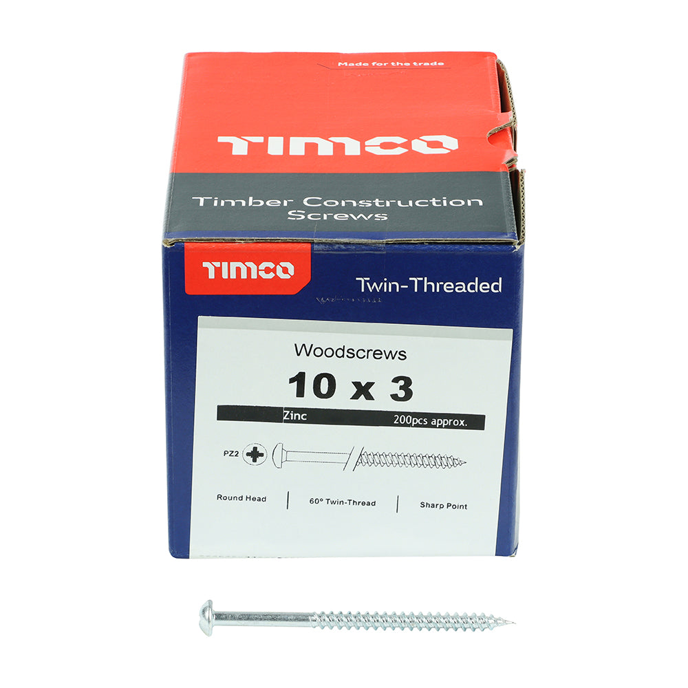 Twin Woodscrew PZ2 RND Zinc - 10 x 3 | Box of 200