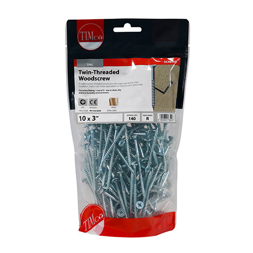 Twin Woodscrew PZ2 CSK - BZP - 10 x 3 | TIMpac of 8