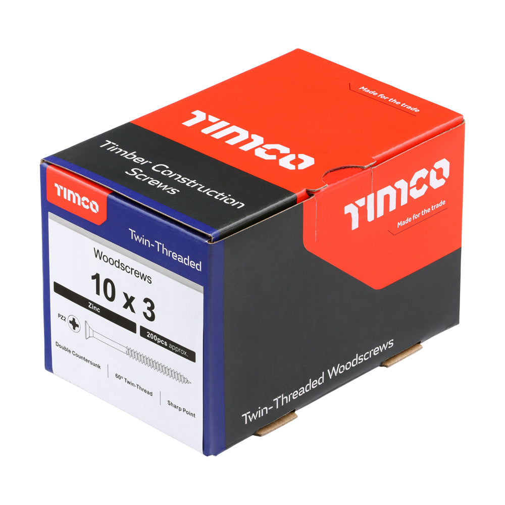 Twin Woodscrew PZ2 CSK Zinc - 10 x 3 | Box of 100