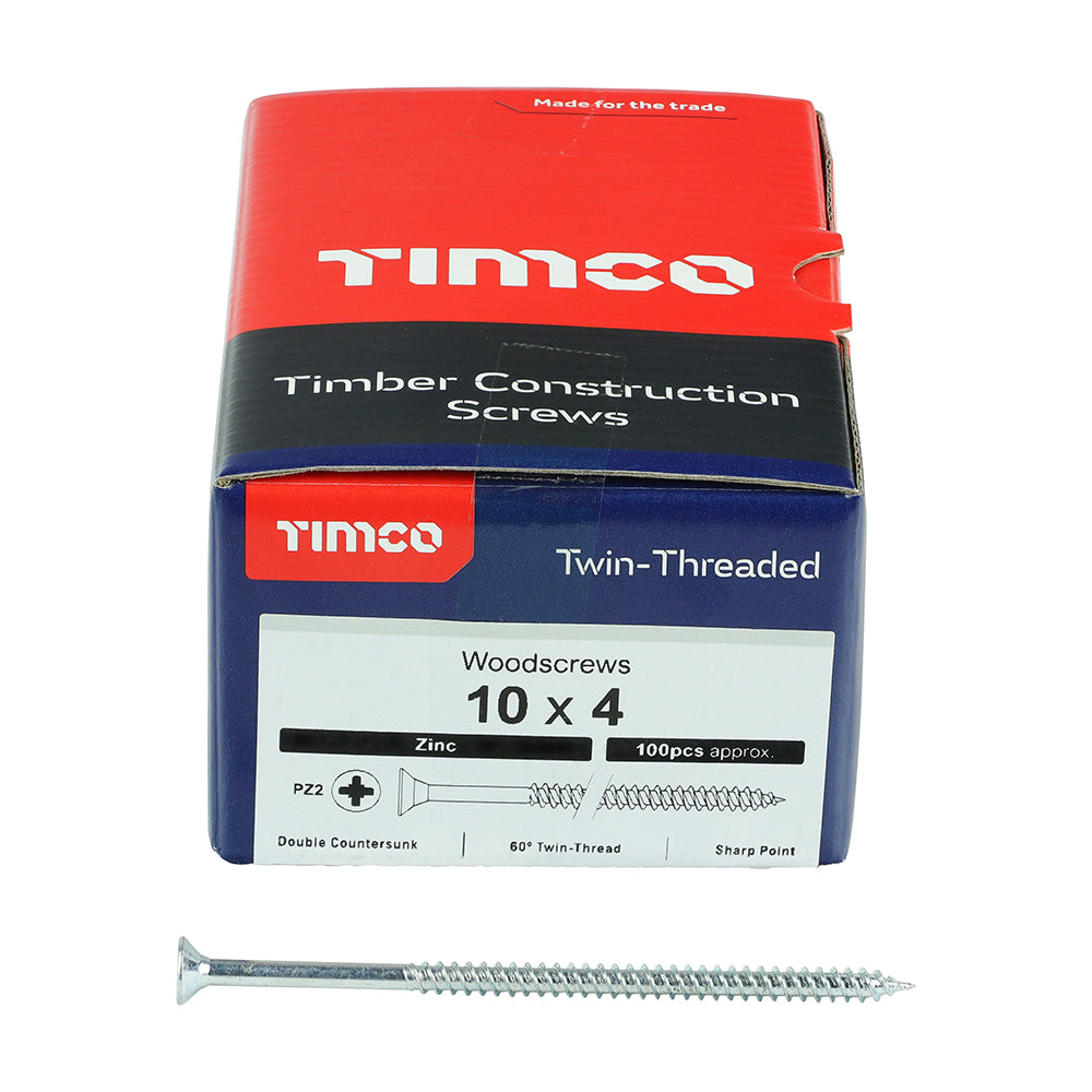 Twin Woodscrew PZ2 CSK Zinc - 10 x 4 | Box of 100
