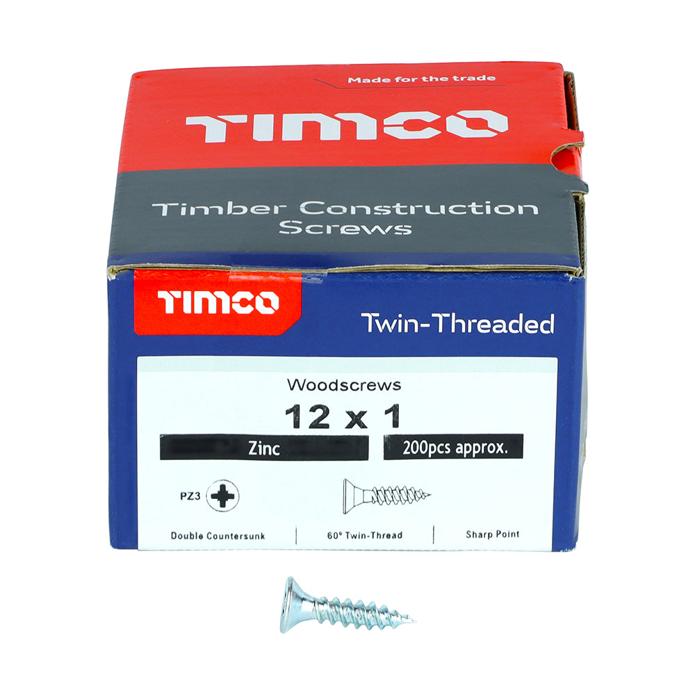 Twin Woodscrew PZ3 CSK Zinc - 12 x 1 | Box of 200