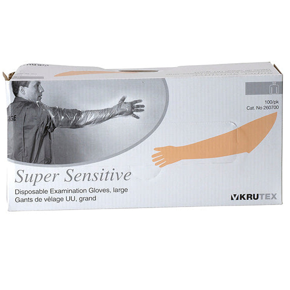 Box of Vikrutex Super Sensitive disposable examination gloves on a white background