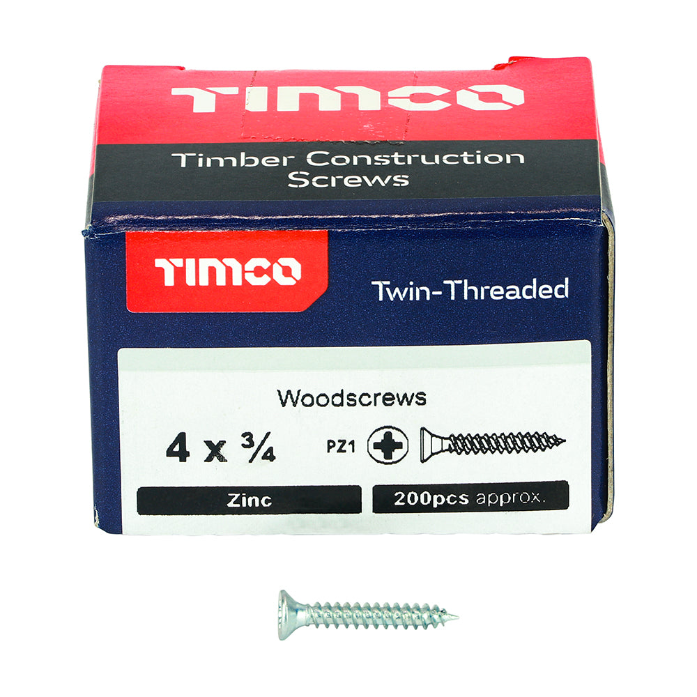 Twin Woodscrew PZ1 CSK Zinc - 4 x 3/4 | Box of 200