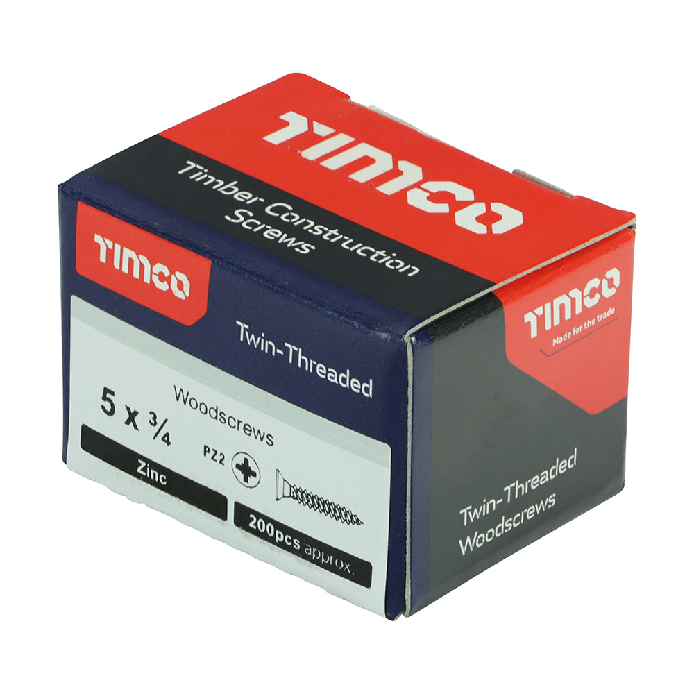 Twin Woodscrew PZ2 CSK Zinc - 5 x 3/4 | Box of 200