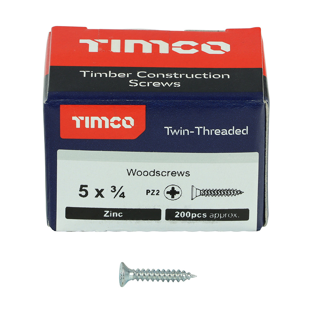Twin Woodscrew PZ2 CSK Zinc - 5 x 3/4 | Box of 200