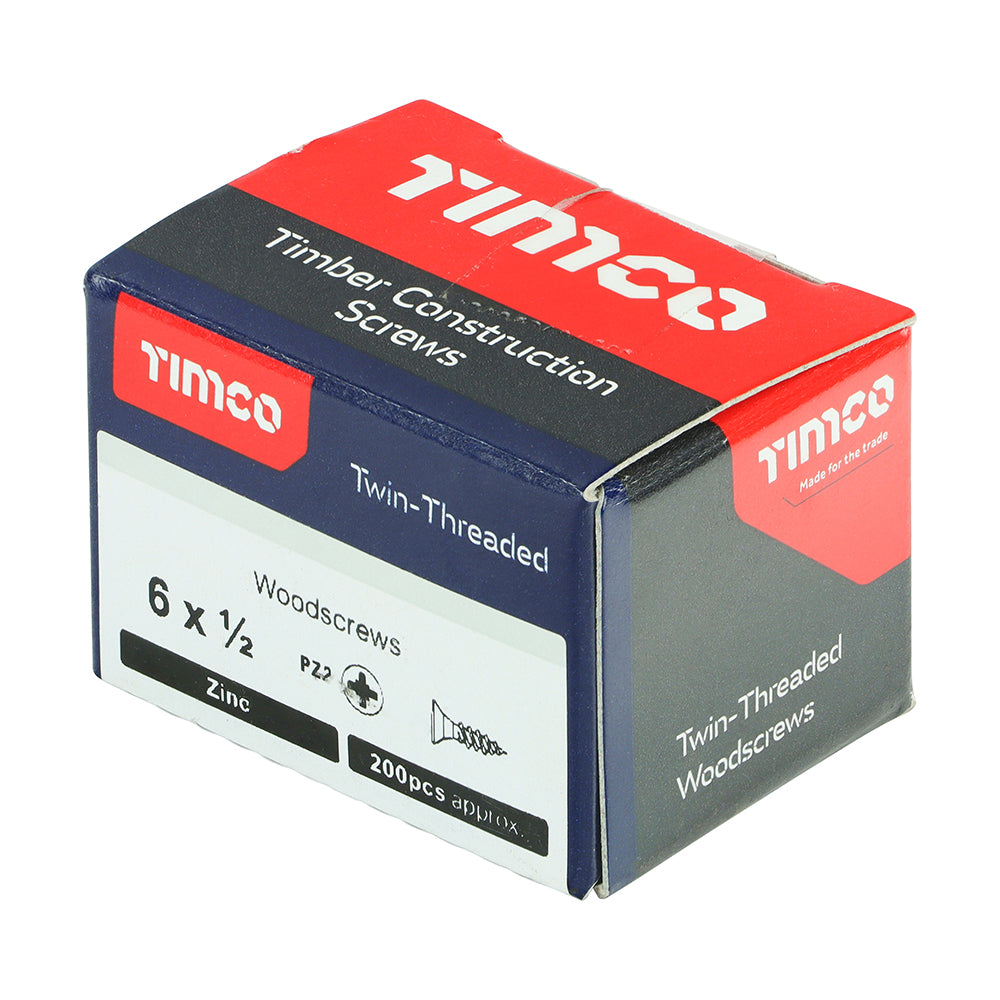 Twin Woodscrew PZ2 CSK Zinc - 6 x 1/2 | Box of 200