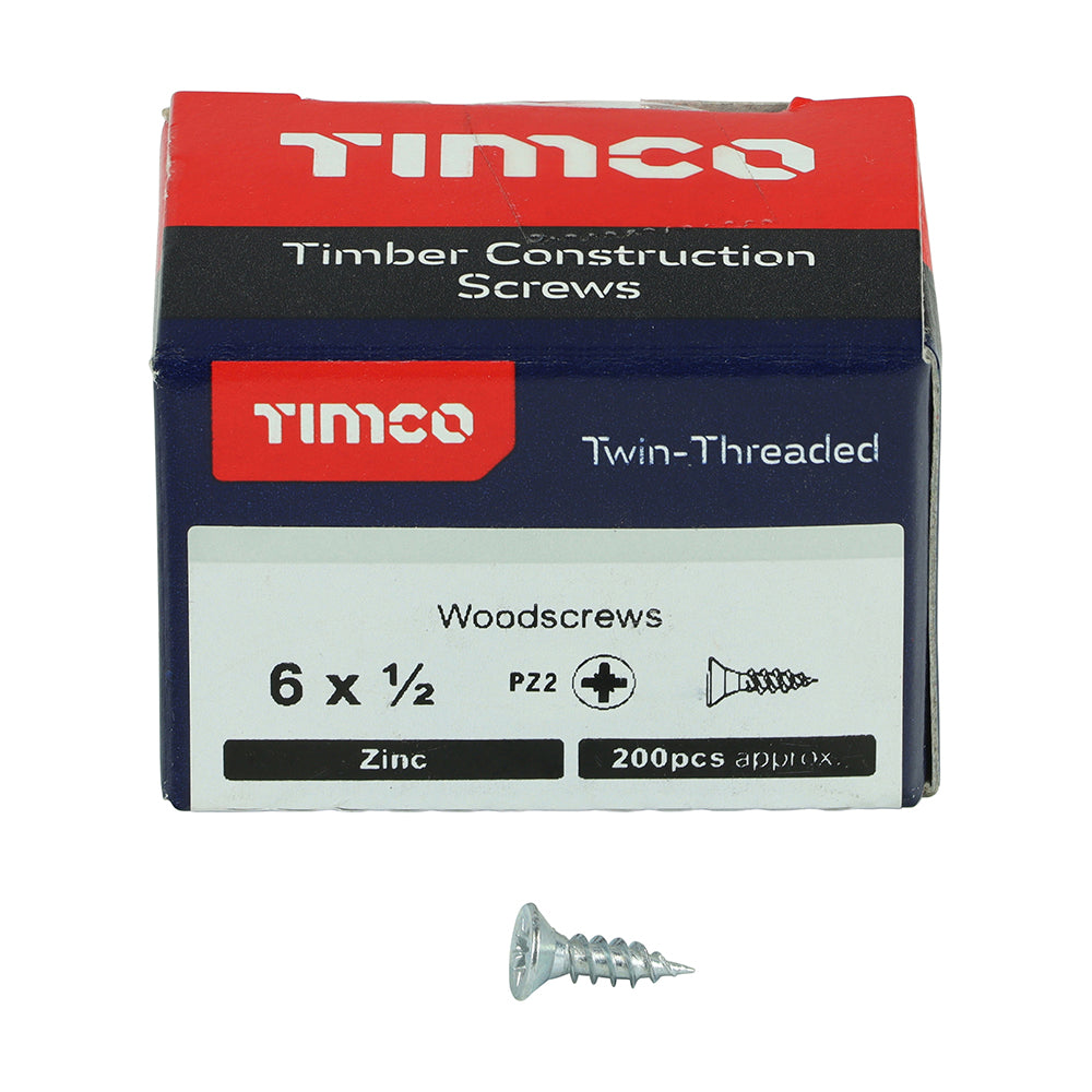 Twin Woodscrew PZ2 CSK Zinc - 6 x 1/2 | Box of 200
