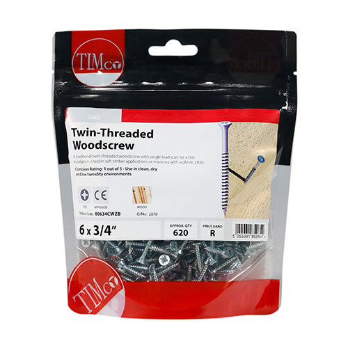 Twin Woodscrew PZ2 CSK - BZP - 6 x 3/4 | TIMpac of 40