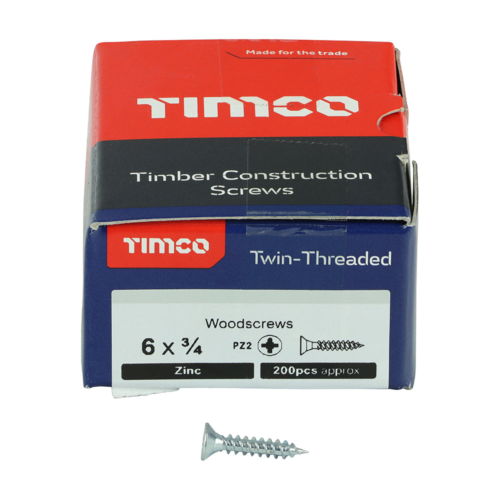 Twin Woodscrew PZ2 CSK Zinc - 6 x 3/4 | Box of 200