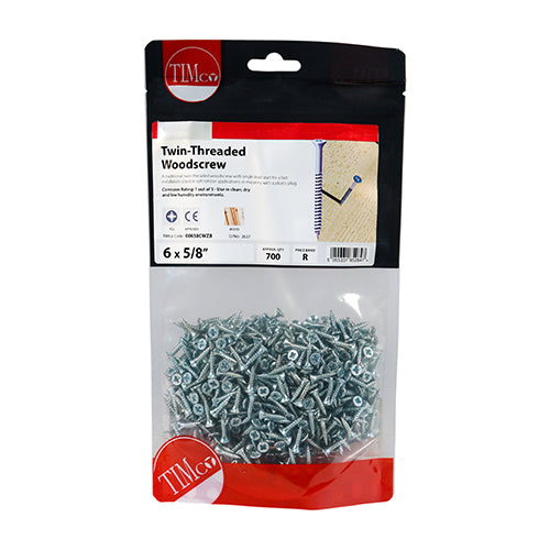 Twin Woodscrew PZ2 CSK - BZP - 6 x 5/8 | TIMpac of 45