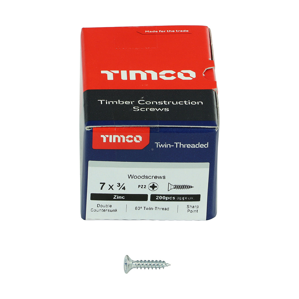Twin Woodscrew PZ2 CSK Zinc - 7 x 3/4 | Box of 200