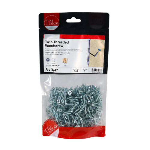 Twin Woodscrew PZ2 CSK - BZP - 8 x 3/4 | TIMpac of 35