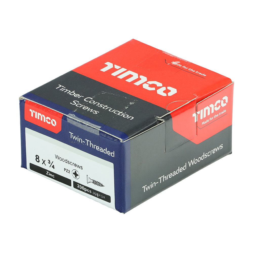 Twin Woodscrew PZ2 CSK Zinc - 8 x 3/4 | Box of 200
