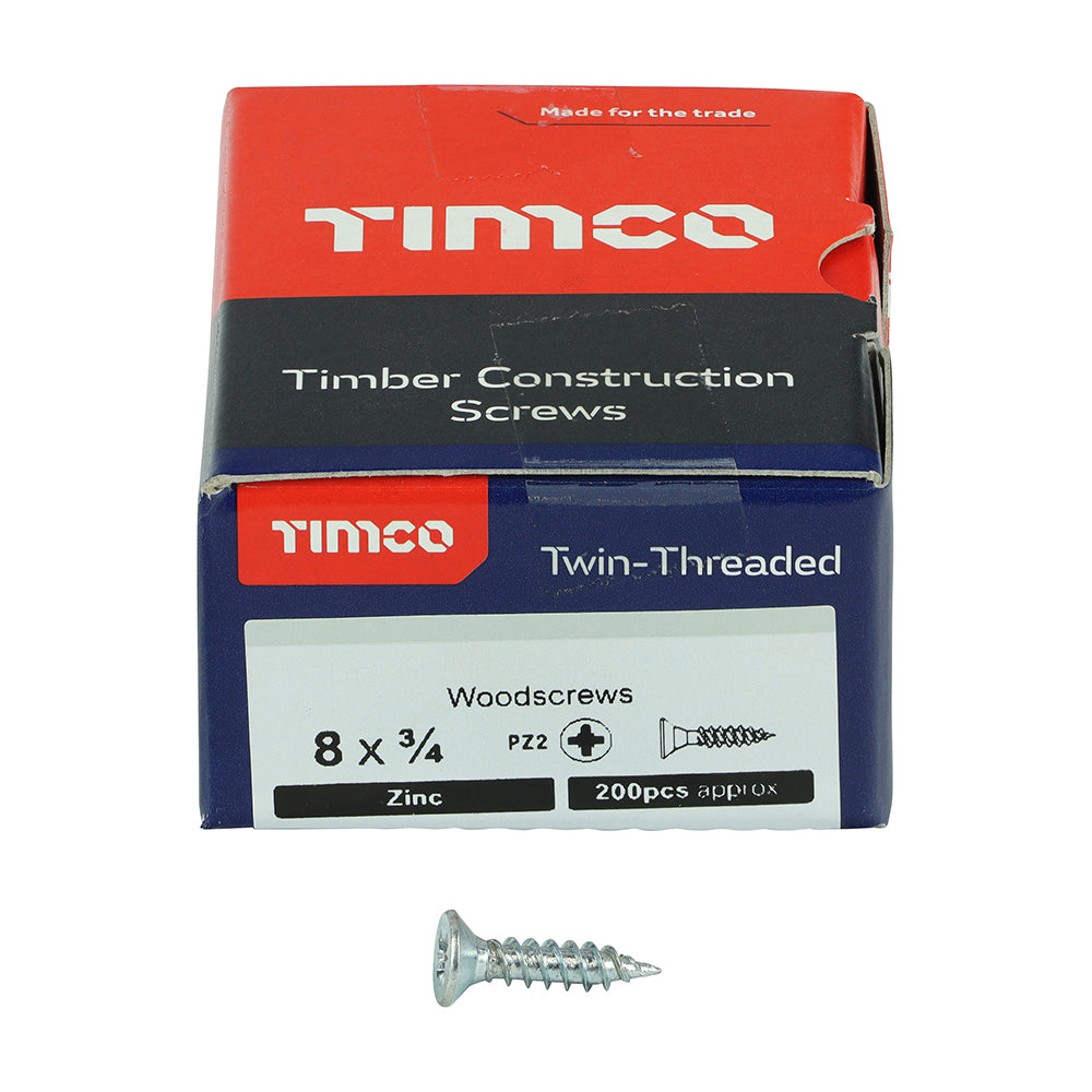 Twin Woodscrew PZ2 CSK Zinc - 8 x 3/4 | Box of 200