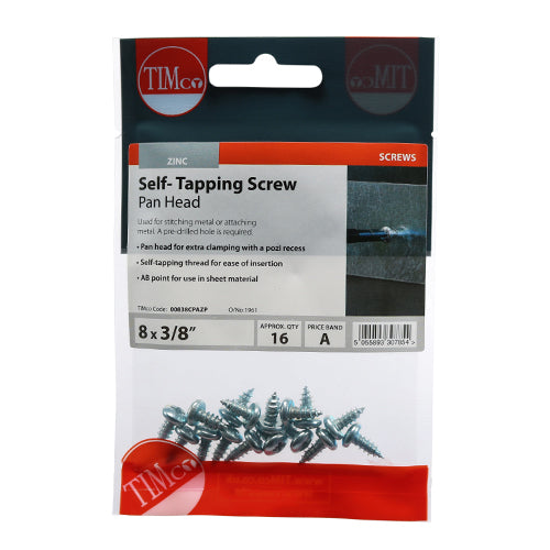 S/Tapping Screw PZ2 PAN - BZP - 8 x 3/8 | TIMpac of 16