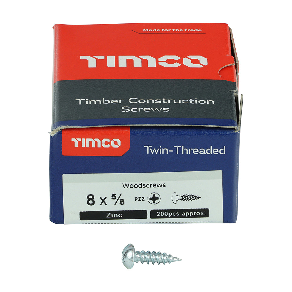 Twin Woodscrew PZ2 RND Zinc - 8 x 5/8 | Box of 200