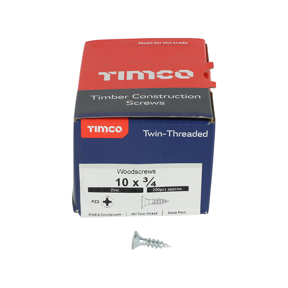 Twin Woodscrew PZ2 CSK Zinc - 10 x 3/4 | Box of 200