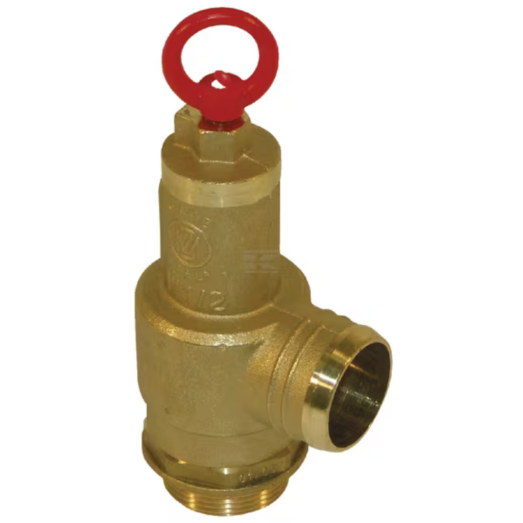 Brass valve with a red handle on a white background