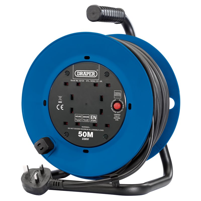 Draper 230V Four Socket Industrial Cable Reel, 50m