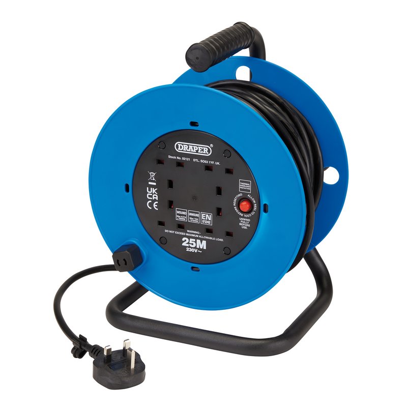 230V Four Socket Industrial Cable Reel, 25m