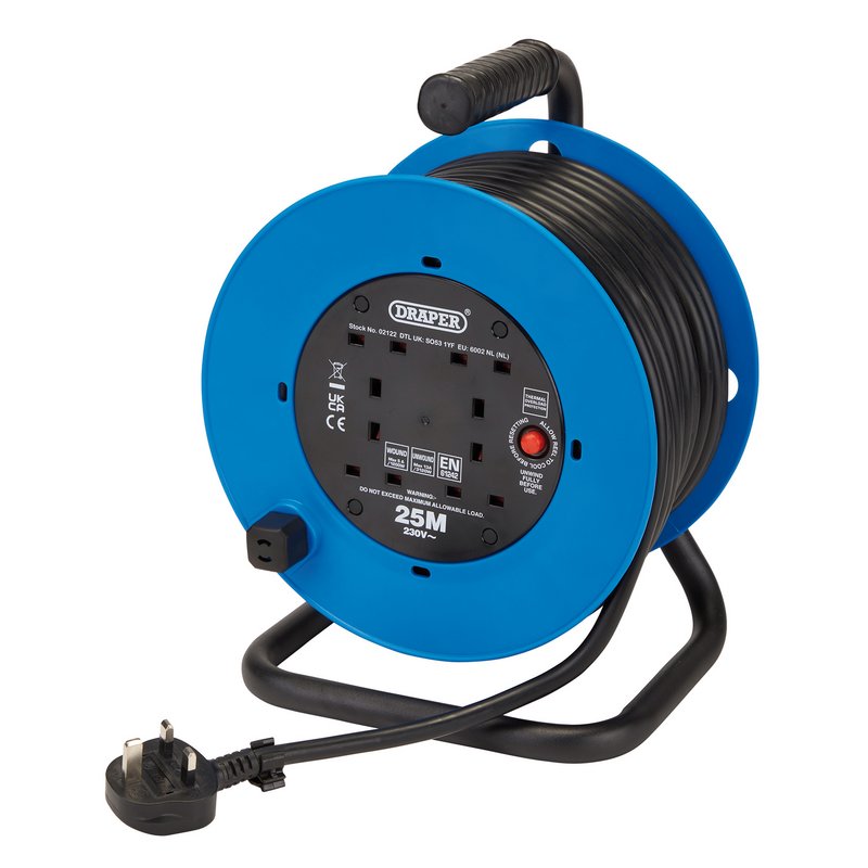 Draper 230V Heavy Duty Industrial Four Socket Cable Reel, 25m