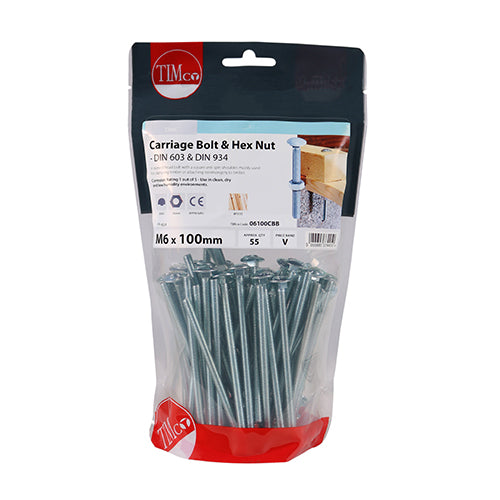 Carriage Bolt & Hex Nut - BZP - M6 x 100 | TIMpac of 4
