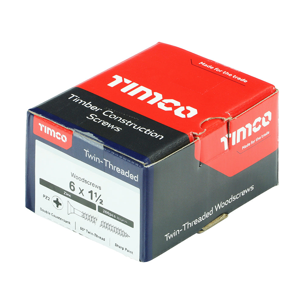 Twin Woodscrew PZ2 CSK Zinc - 6 x 1 1/2 | Box of 200