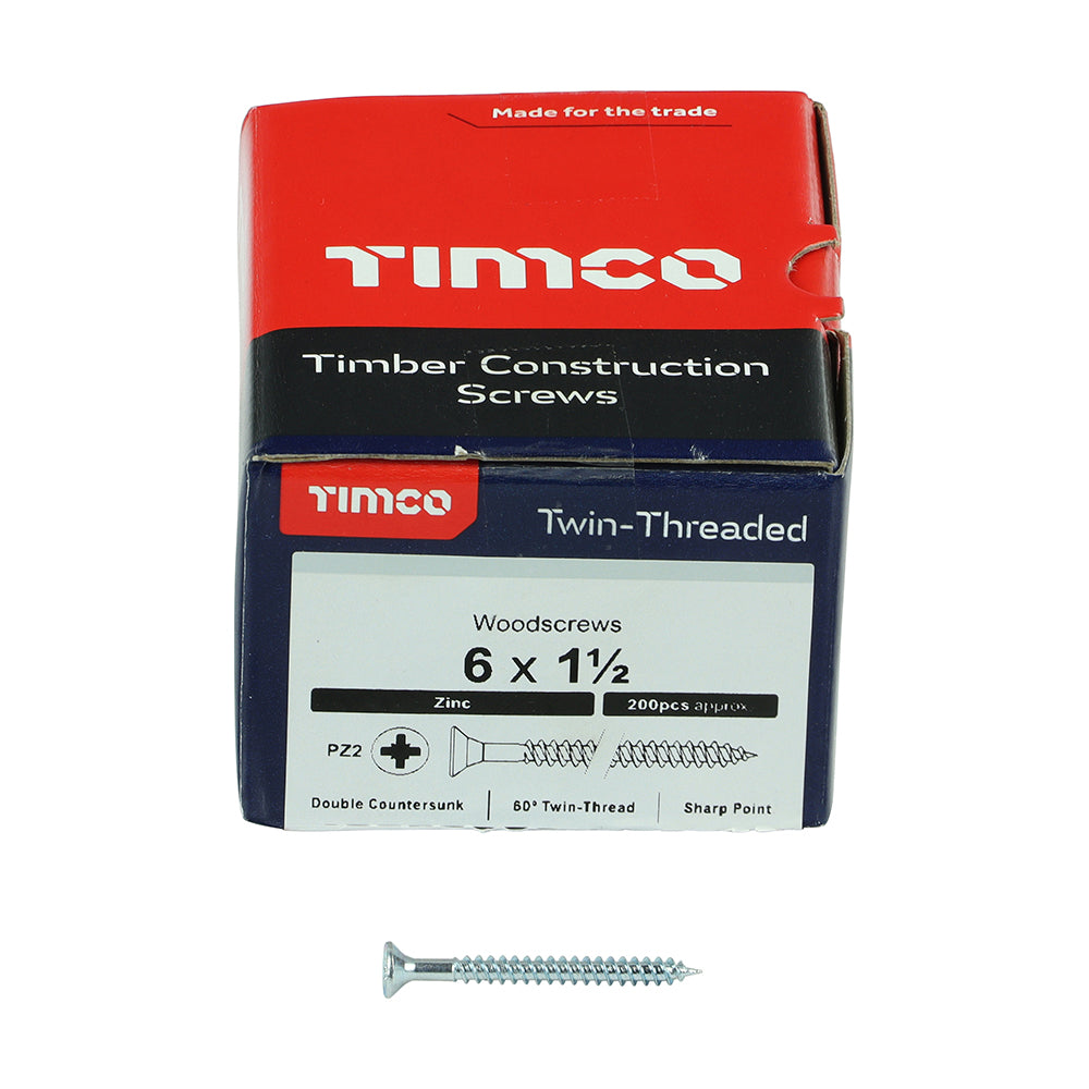 Twin Woodscrew PZ2 CSK Zinc - 6 x 1 1/2 | Box of 200