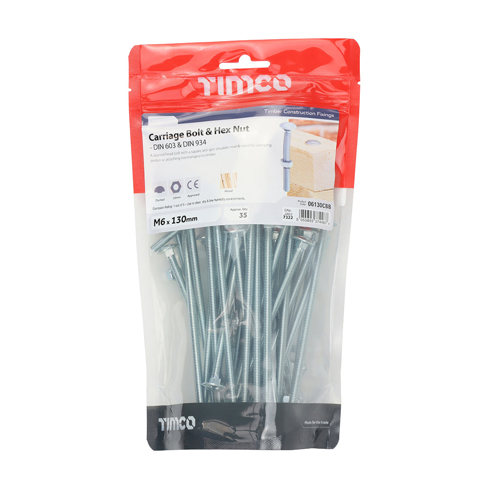 Carriage Bolt & Hex Nut - BZP - M6 x 130 | TIMpac of 4