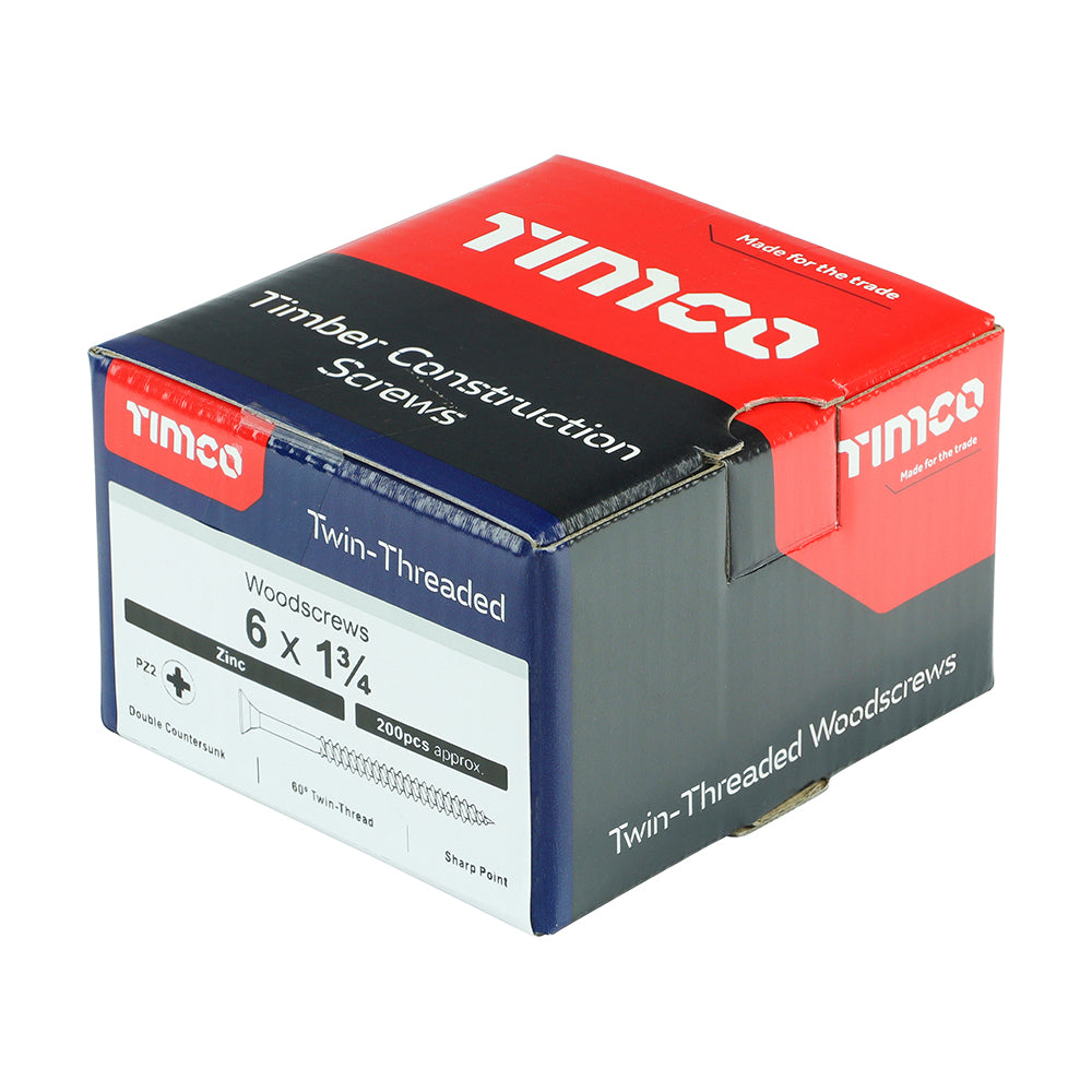 Twin Woodscrew PZ2 CSK Zinc - 6 x 1 3/4 | Box of 200