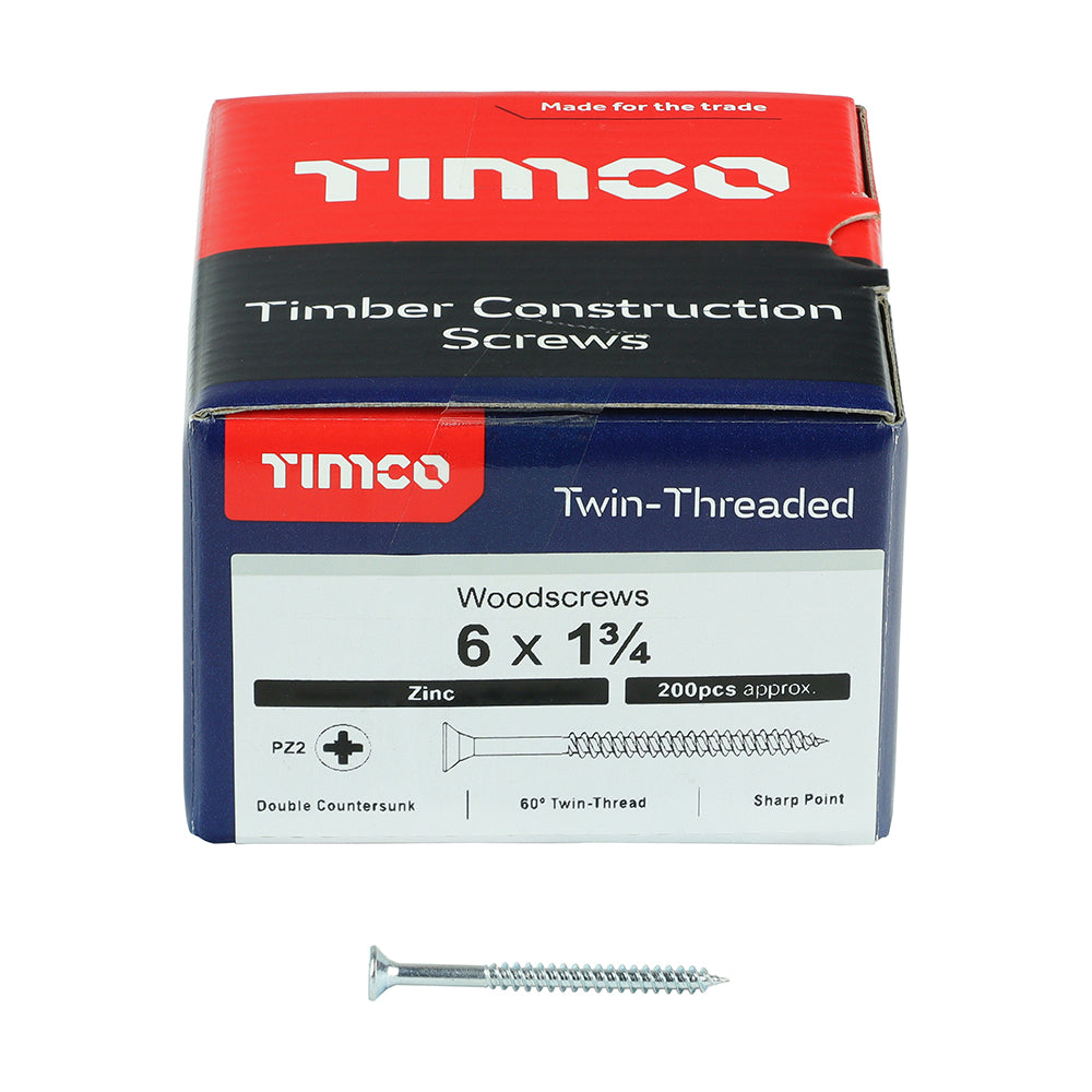 Twin Woodscrew PZ2 CSK Zinc - 6 x 1 3/4 | Box of 200