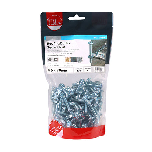Roofing Bolt & SQ Nut - BZP - M6 x 30 | TIMpac of 10