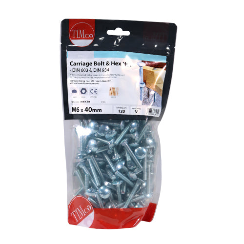Carriage Bolt & Hex Nut - BZP - M6 x 40 | TIMpac of 8