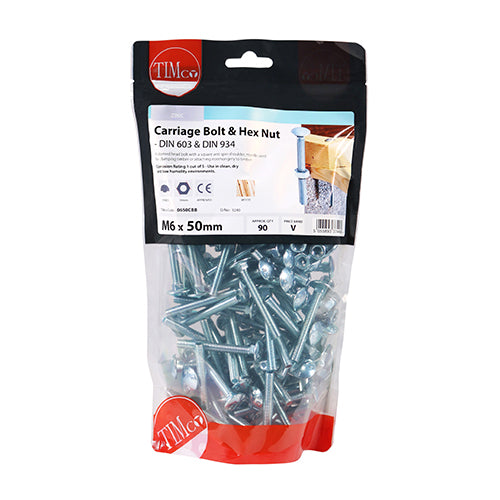 Carriage Bolt & Hex Nut - BZP - M6 x 50 | TIMpac of 6