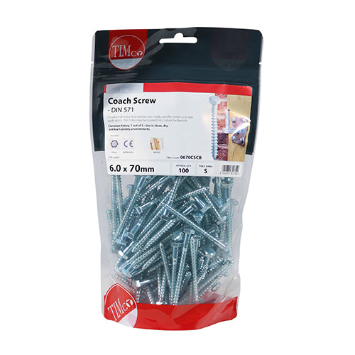 Coach Screw DIN 571 - BZP - 6.0 x 70 | TIMpac of 10