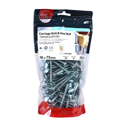 Carriage Bolt & Hex Nut - BZP - M6 x 75 | TIMpac of 6