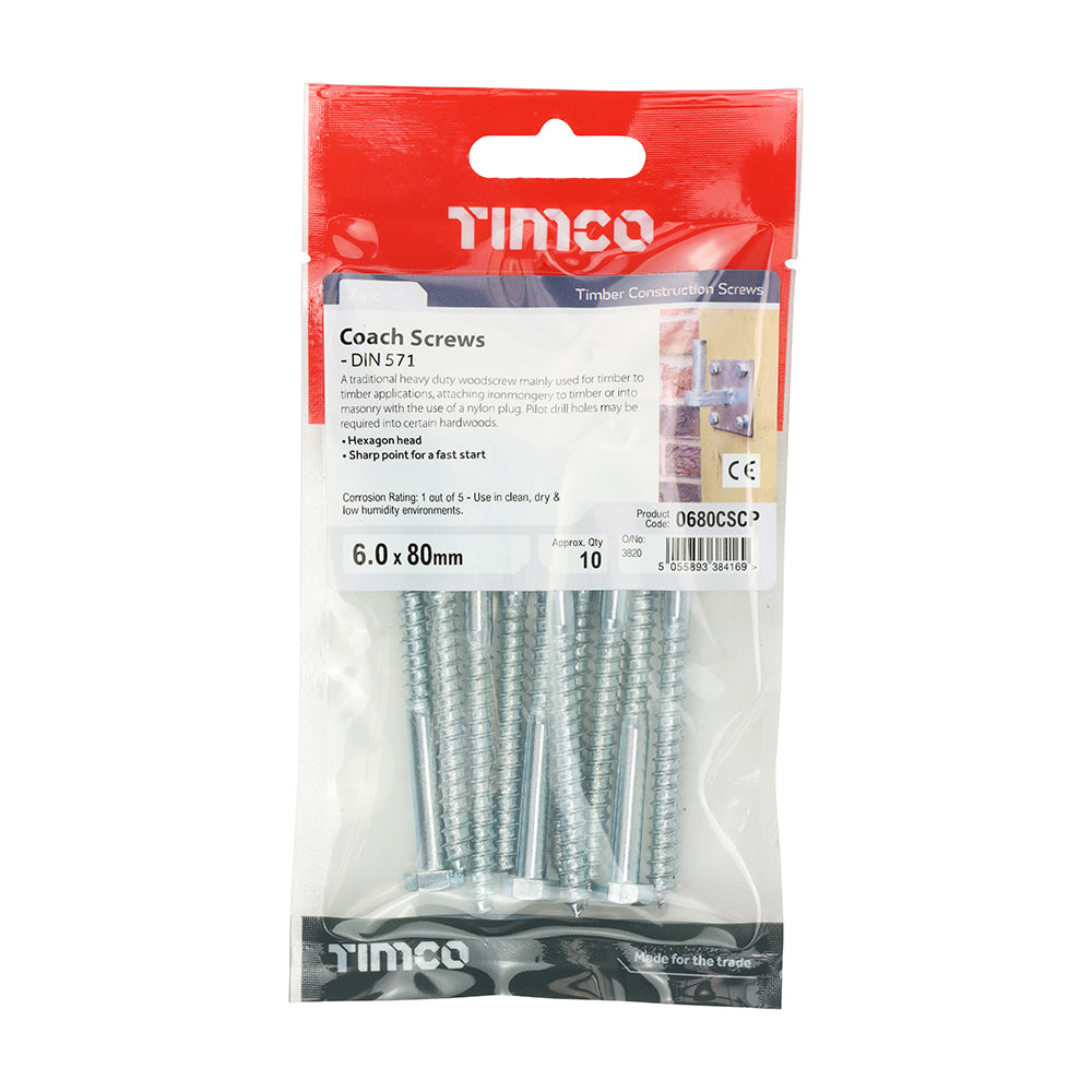 Coach Screw DIN 571 - BZP - 6.0 x 80 | TIMpac of 10