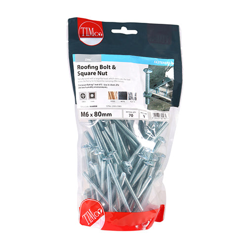 Roofing Bolt & SQ Nut - BZP - M6 x 80 | TIMpac of 4