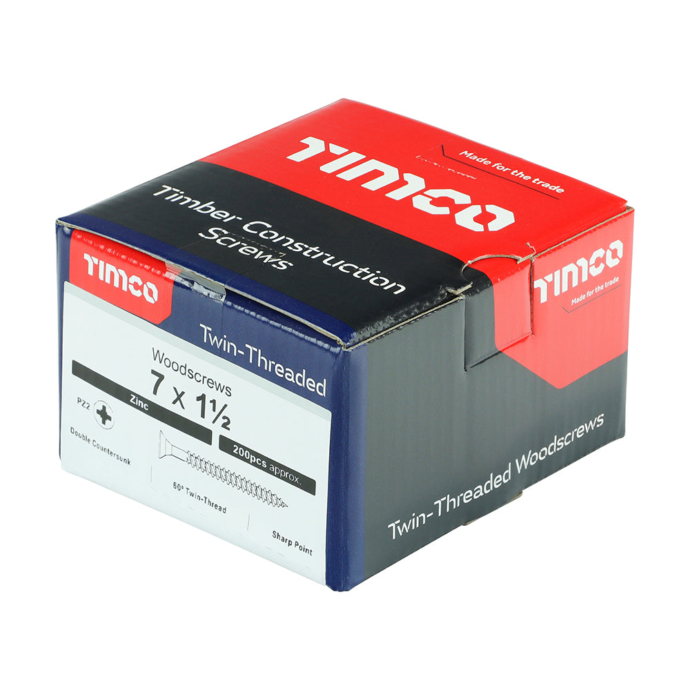 Twin Woodscrew PZ2 CSK Zinc - 7 x 1 1/2 | Box of 200